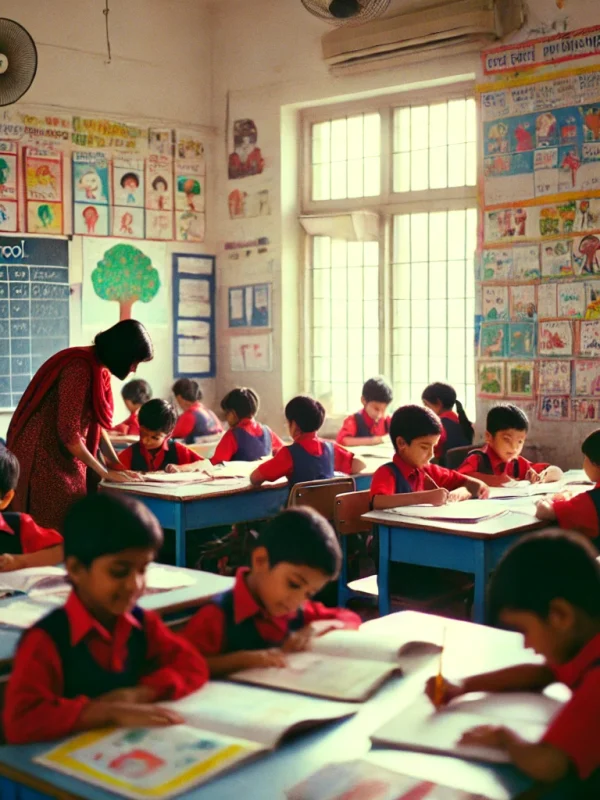 DALL·E 2025-04-25 22.53.16 - An analog candid photo of a primary school classroom at Delhi Public School. Young students in red and blue uniforms are sitting at desks, engaging wi